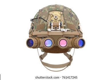 Helmet night goggles camouflage dressing, front view. 3D rendering