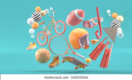 Helmet, tennis racket, skateboard, cycle, basketball, American football, shoes and diving equipment surrounded by colorful balls on a blue background.-3d rendering.