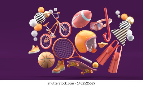 Helmet, Tennis Racket, Skateboard, Cycle, Basketball, American Football, Shoes And Diving Equipment Surrounded By Colorful Balls On A Purple Background.-3d Rendering.
