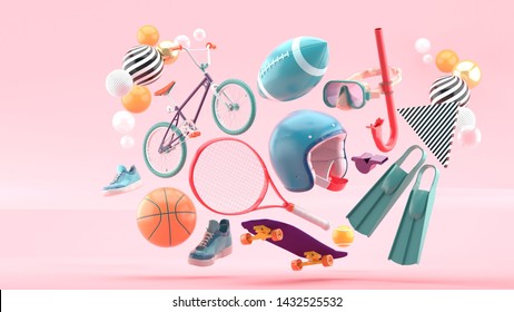 Helmet, tennis racket, skateboard, cycle, basketball, American football, shoes and diving equipment surrounded by colorful balls on a pink background.-3d rendering.
 - Powered by Shutterstock