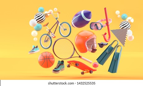 Helmet, Tennis Racket, Skateboard, Cycle, Basketball, American Football, Shoes And Diving Equipment Surrounded By Colorful Balls On An Orange Background.-3d Rendering.
