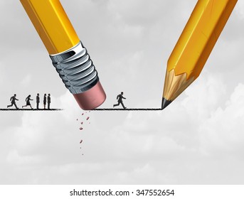 Help Concept And Corporate Support As A Group Of People Excluded From Advancing On A Drawing Of A Line That Is Being Erased And Sketched By A Pencil.