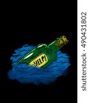 Help message in a bottle. Hand drawn illustration.
