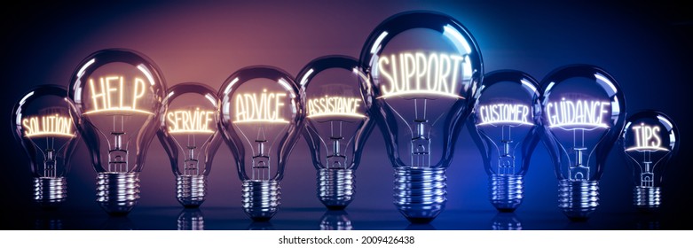 Help, Support, Advice, Guidance Concept - Shining Light Bulbs - 3D Illustration