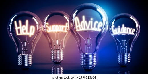 Help, Support, Advice, Guidance - Shining Four Light Bulbs - 3D Illustration