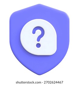 Help and support concept showing shield with a question mark. Reflects themes of assistance, protection, and user guidance. Provides helpful solutions. 3D icon.
