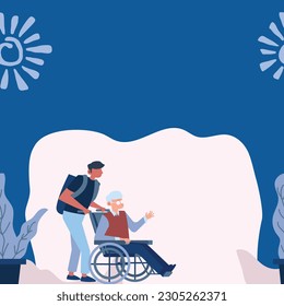 Helping elderly man. Young guy helps grandfather, volunteer. Respect, support and care in advanced society. Park worker keeping order, son and father outdoor. Cartoon flat art illustration