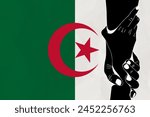 Helping hand against the Algeria flag. The concept of support. Two hands taking each other. A helping hand for those injured in the fighting, lend a hand