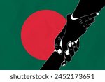 Helping hand against the Bangladesh flag. The concept of support. Two hands taking each other. A helping hand for those injured in the fighting, lend a hand