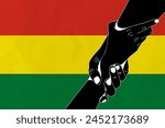 Helping hand against the Bolivia flag. The concept of support. Two hands taking each other. A helping hand for those injured in the fighting, lend a hand