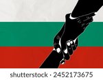 Helping hand against the Bulgaria flag. The concept of support. Two hands taking each other. A helping hand for those injured in the fighting, lend a hand