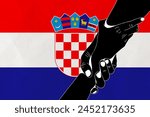 Helping hand against the Croatia flag. The concept of support. Two hands taking each other. A helping hand for those injured in the fighting, lend a hand