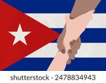 Helping hand against the Cuba flag. The concept of support. Two hands taking each other. A helping hand for those injured in the fighting, lend a hand