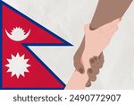 Helping hand against the Nepal flag. The concept of support. Two hands taking each other. A helping hand for those injured in the fighting, lend a hand