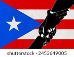 Helping hand against the Puerto Rico flag. The concept of support. Two hands taking each other. A helping hand for those injured in the fighting, lend a hand