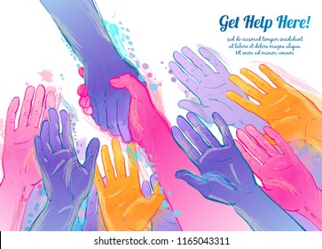 Helping Hand Concept. Gesture, Sign Of Help And Hope. Two Hands Taking Each Other. Isolated Watercolor, Line Illustration On White Background.