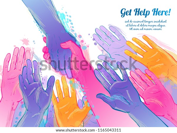 手のコンセプトを助ける 身振り手振り 助けと希望の印 2人の手がお互いに手を取り合っている 白い背景に分離型水の色 ラインイラスト のイラスト素材