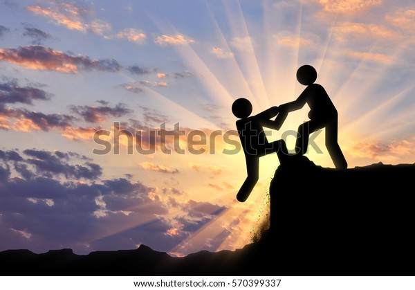 Helping hand concept. Human icon climber helping out another person climber