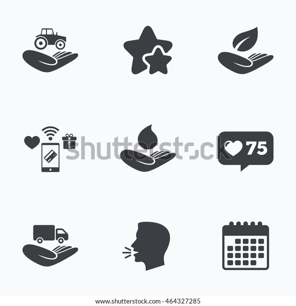 Helping hands icons.\
Agricultural tractor insurance symbol. Delivery truck sign. Save\
nature leaf and water drop. Flat talking head, calendar icons.\
Stars, like counter icons.\
