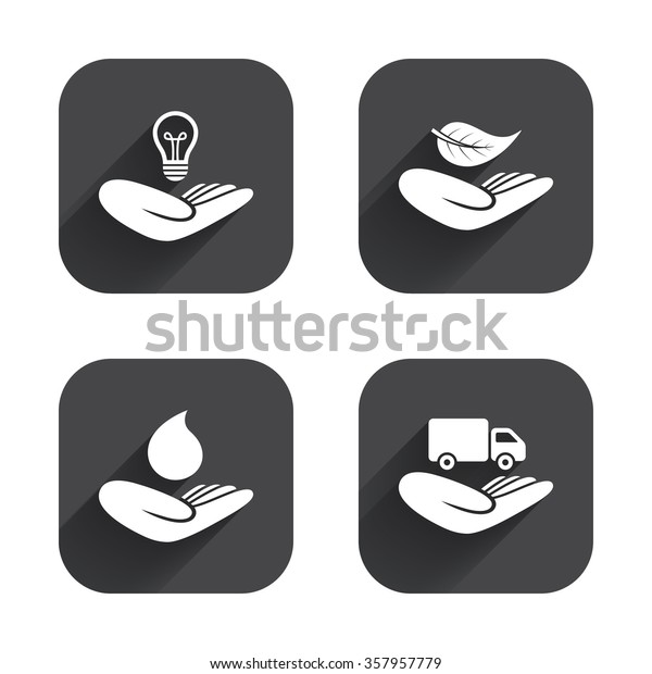 Helping hands icons. Intellectual property\
insurance symbol. Delivery truck sign. Save nature leaf and water\
drop. Square flat buttons with long\
shadow.