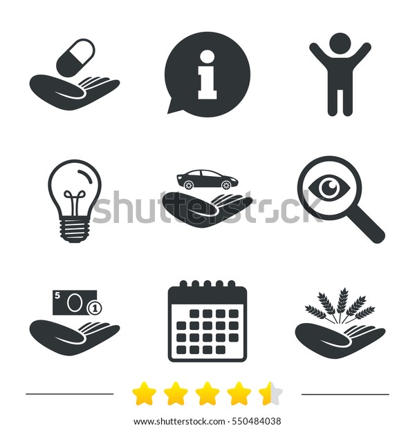 Helping hands icons. Protection and insurance symbols.\
Save money, car and health medical insurance. Agriculture wheat\
sign. Information, light bulb and calendar icons. Investigate\
magnifier. 