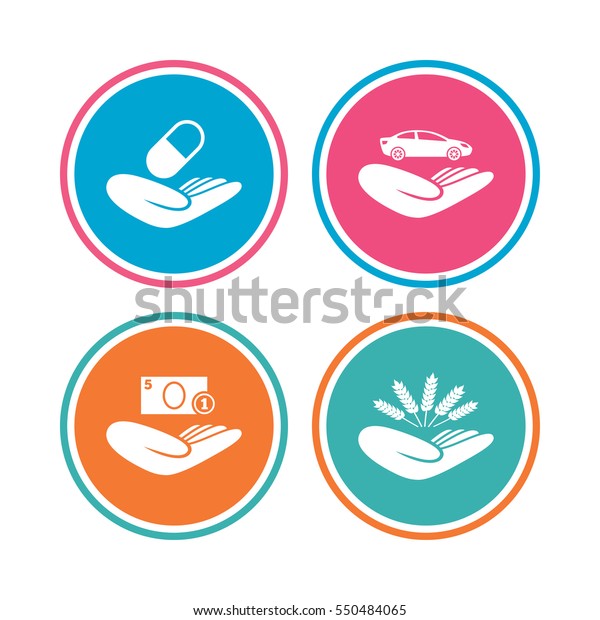 Helping hands icons. Protection and insurance\
symbols. Save money, car and health medical insurance. Agriculture\
wheat sign. Colored circle buttons.\
