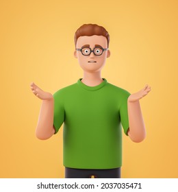 Helpless Sad Cartoon Character Man In Glasses And Green T-shirt Over Yellow Background. 3d Render Illustration.