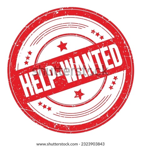 HELP-WANTED text on red round grungy texture stamp.
