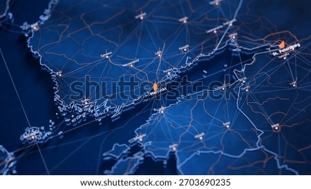 Helsinki map big data visualization. Futuristic map infographic of city in Finland. Visual map data complexity in modern blue and orange colors. 3D Illustration
