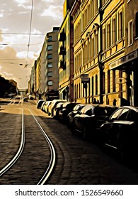 Helsinki Street At The Sunset.