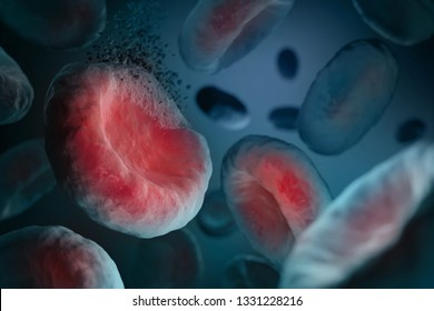 Hemoglobin Infection And Disintegrate Crumble Break Veins Red Blood Vessel Cell Micro Microscope Inside Human Body Movement. Virus Or Cancerous Red Blood Cells. Medical Concept. 3d Illustration.