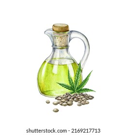 Hemp Oil In Glass Bottle Watercolor Illustration. Raw Cbd Medical Care Oil From Cannabis Seeds. Hemp Oil Food And Medicine Supplement. Cannabis Sativa Medical Herb Extract In The Bottle