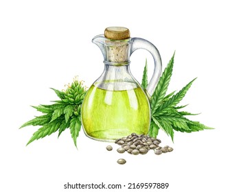 Hemp Oil In Glass Bottle. Watercolor Illustration. Raw Cbd Medical Care Oil From Cannabis Seeds. Hemp Oil Food And Medicine Supplement. Cannabis Sativa Medical Herb Extract In The Bottle