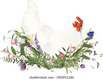 Hen in the flower nest watercolor clipart high resolution, 300 dpi illustration