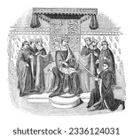 Henry VI (King of England) and court with  John Talbot receiving a sword (1422-1461) - Vintage engraved illustration