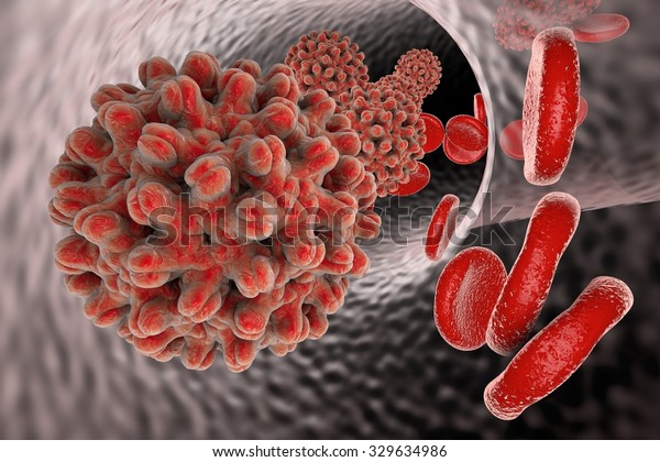 Hepatitis B virus in blood\
vessel with red blood cells. A model of virus is built using data\
of viral macromolecular structure furnished by Protein Data Bank\
(PDB 4G93)