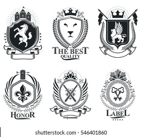 Heraldic Coat of Arms decorative emblems isolated illustrations. Vintage design elements collection.