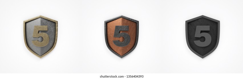 Heraldic Metal Shield Pack, Complete Numbers. Number 5. 3D Illustration