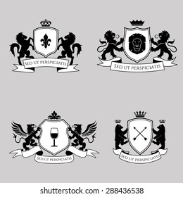 Heraldic signs, elements, insignia on bright background. Raster version
