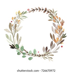 Herb Watercolor Green Circle Wreath With Leaves. Floral Frame, Hand Drawn Round Template. Illustration On White Background.