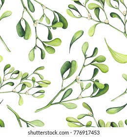 Herbal Seamless Pattern Of Watercolor Light Green Mistletoe