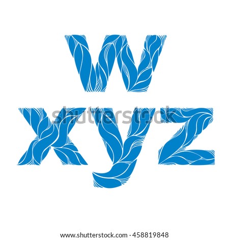Herbal style blue font, typeset with floral elegant ornament. w, x, y, z, lowercase letters.