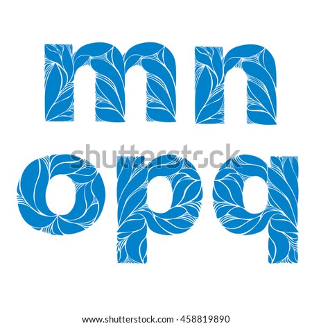 Herbal style blue font, typeset with floral elegant ornament. m, n, o, p, q, lowercase letters.