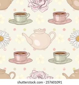Herbal tea rose and chamomile with cups and teapots on polka dot background seamless pattern - Shutterstock ID 257601091