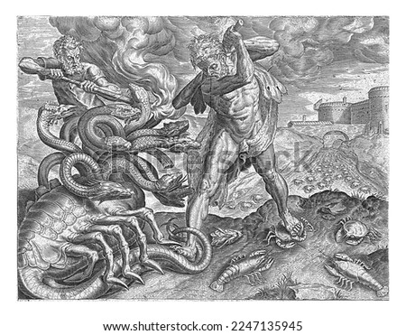 Hercules conquers the hydra of Lerna, Cornelis Cort, after Frans Floris (I), in or after 1563 - before c. 1595 Hercules, with the help of his cousin, conquers the Hydra of Lerna. Stock fotó © 