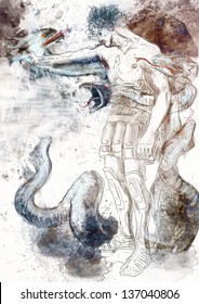 Hercules - Slay the nine-headed Lernaean Hydra. /// Full sized hand drawing.