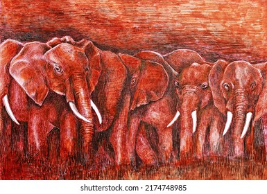 Herd Of Elephants - Sepia Sketch Made By Liner