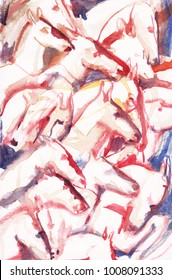 Herd of running horses. Abstracted horse heads painted in broad red brush strokes. Watercolor painting.