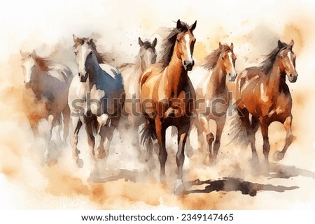 A herd of white and brown horses galloping, Watercolor Painting