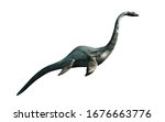 Here is a lake monster in profile on a white background, the creature looks like a plesiosaur and could be the Loch Ness Monster or Champ, the Lake Champlain monster. 3D rendering